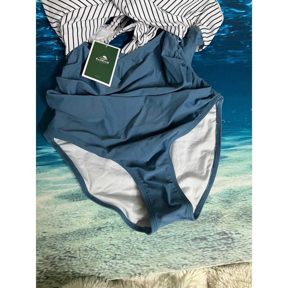 ☀️Eomenie Womens Striped Twist Front Tummy Control One Piece Swimsuit Blue White